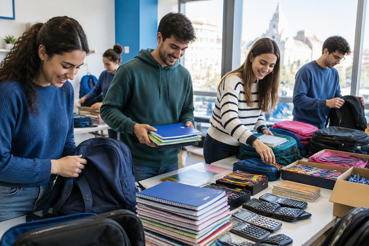 University volunteers sorting backpacks, notebooks and school supplies