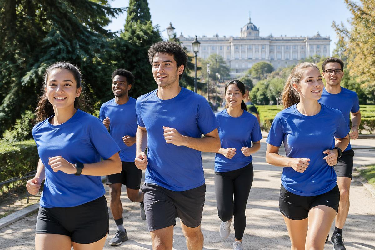 A group of university runners moving together through a city park